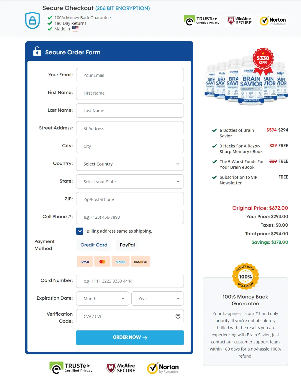 Brain Savior Checkout page